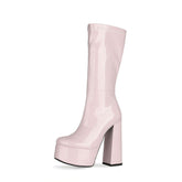 Bold Patent Leather Knee High Platform Chunky Heel Boots - Blush